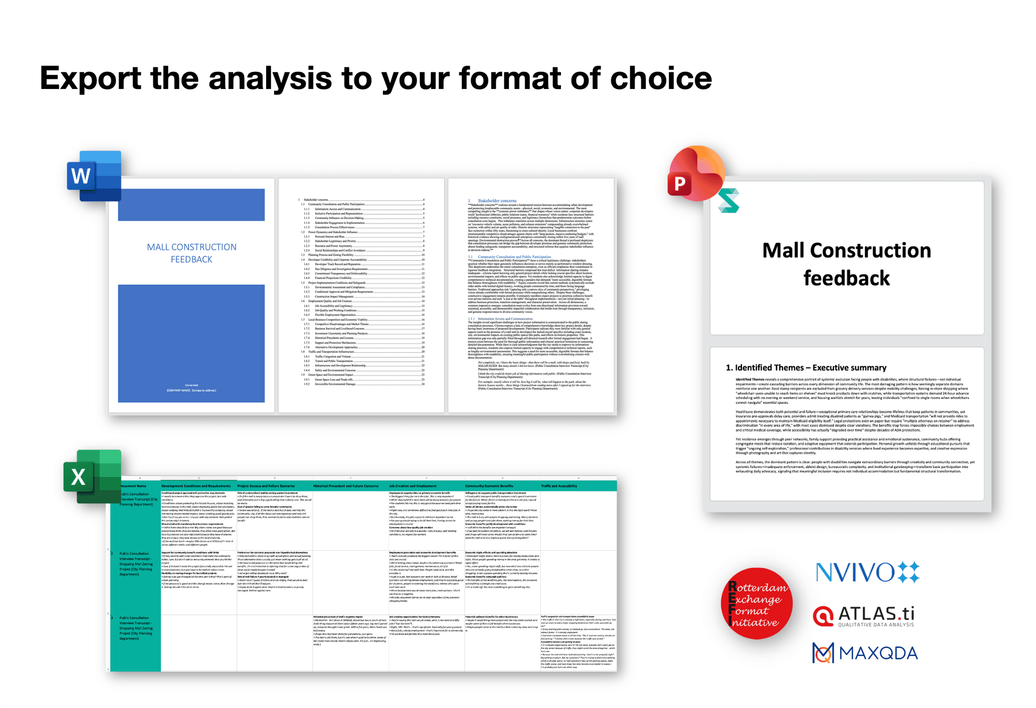 Skimle export options showing Word, PowerPoint, Excel and REFI-QDA formats
