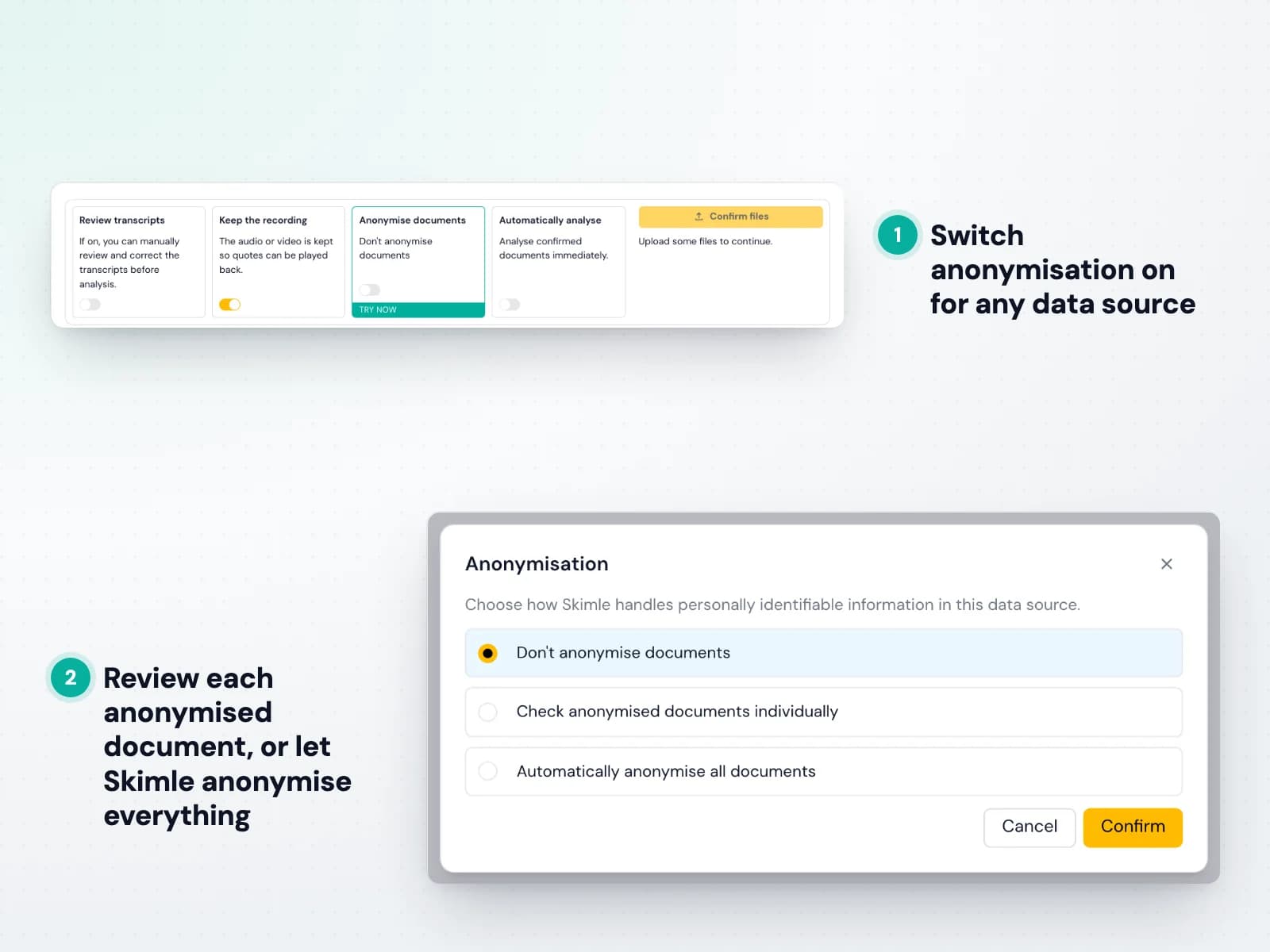 Aktivera anonymisering för en datakälla och välj hur dokument anonymiseras