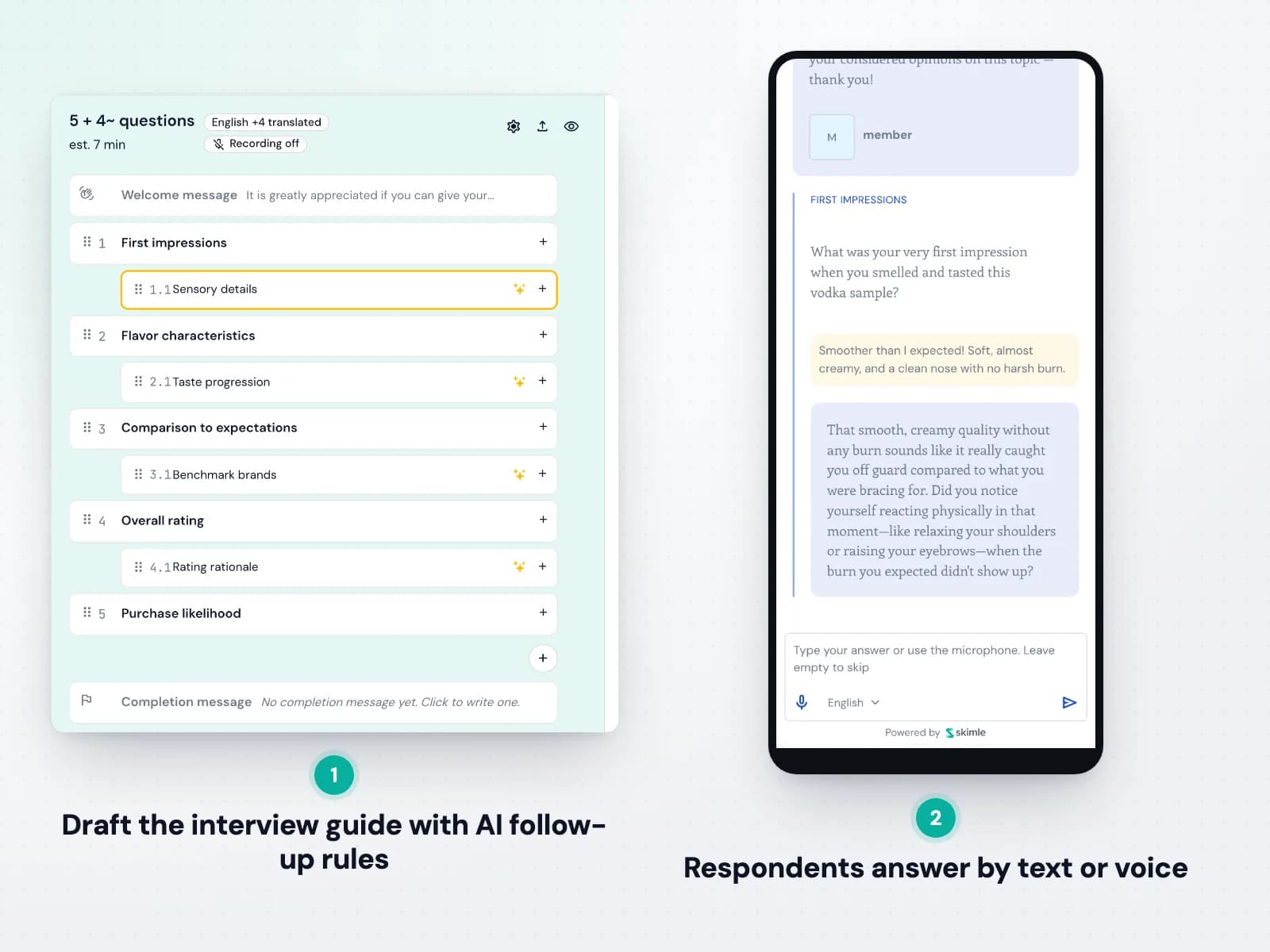 Redigeraren för Skimle Asks intervjuguide och respondentens vy på en mobil
