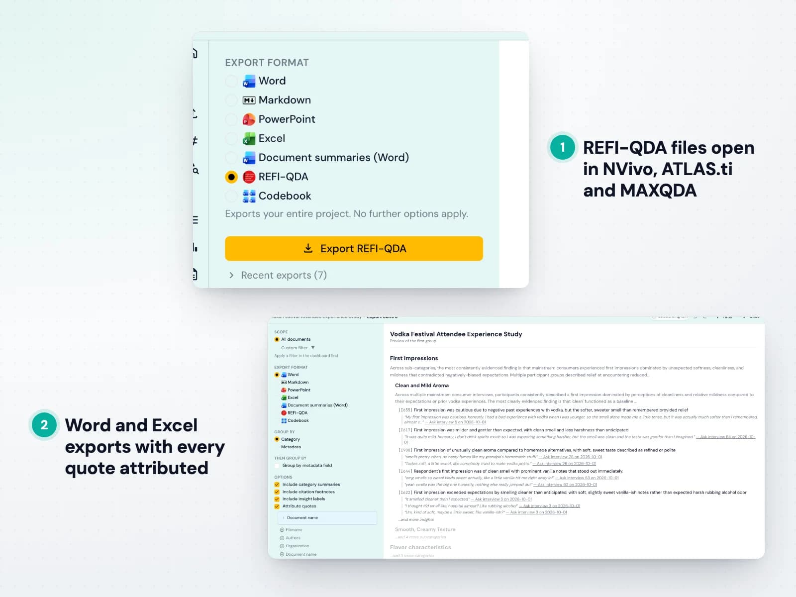 Exportera ett Skimle-projekt som REFI-QDA och en Word-export med tillskrivna citat