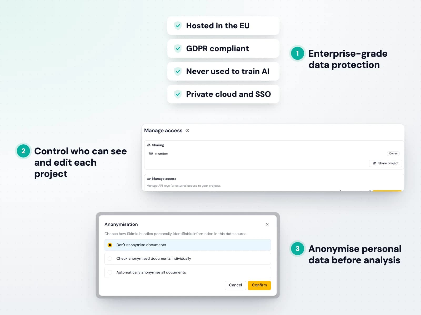 Skimles åtaganden för dataskydd, åtkomstinställningar för projekt och anonymiseringsalternativ