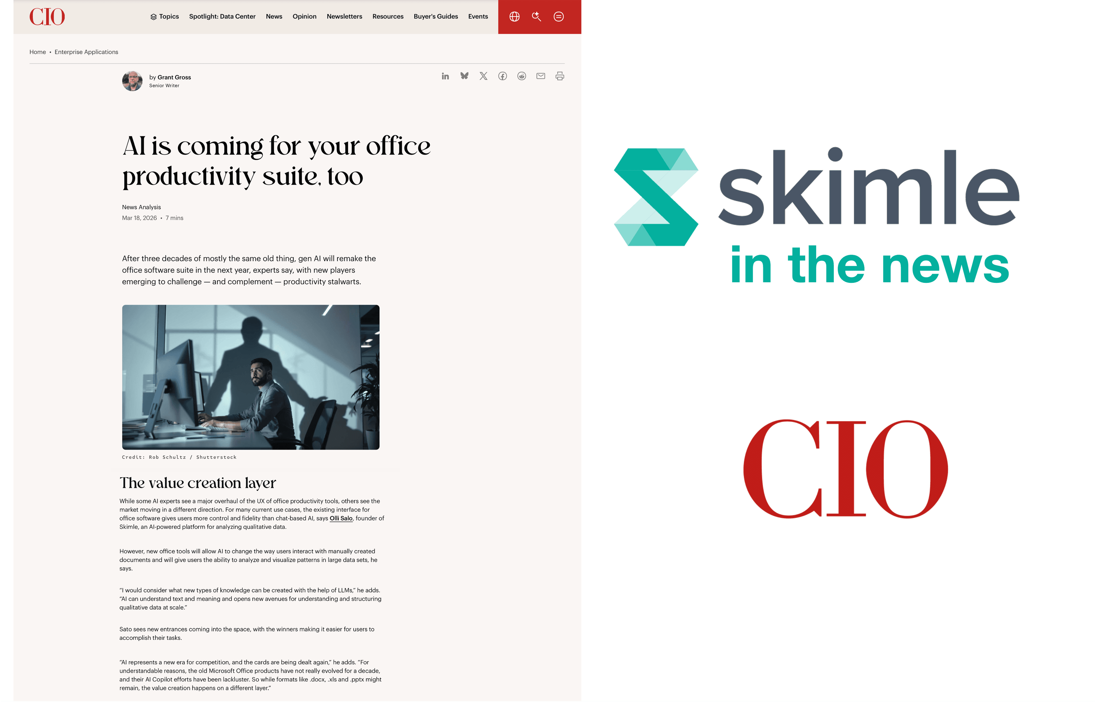 Cover Image for Skimle featured in CIO.com: AI is coming for the office productivity suite