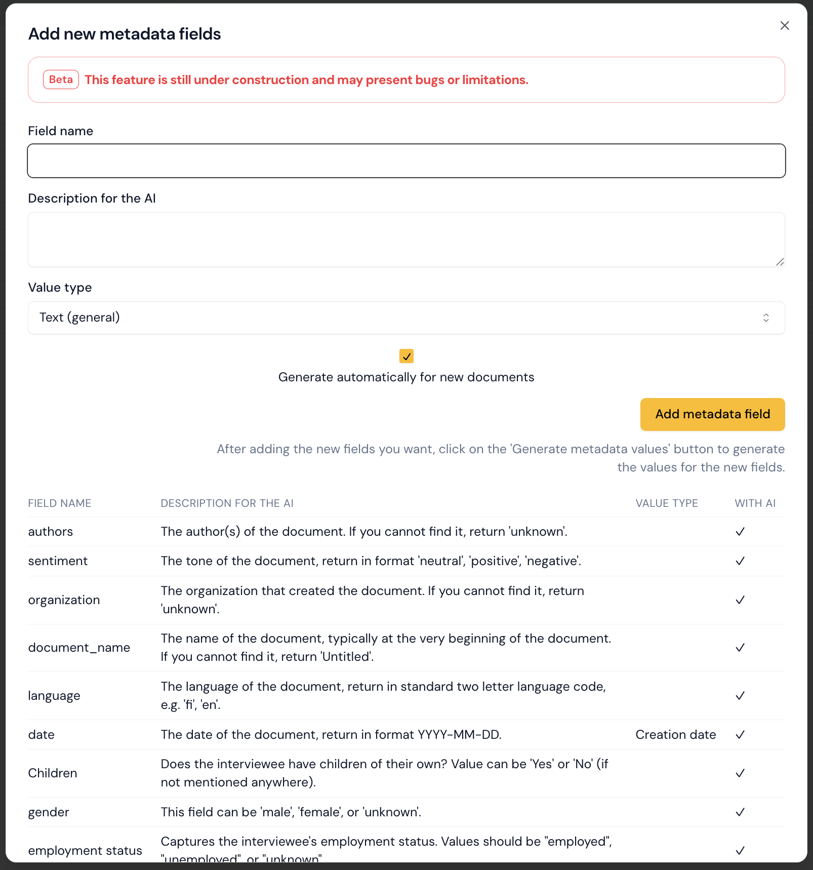 Add new metadata fields