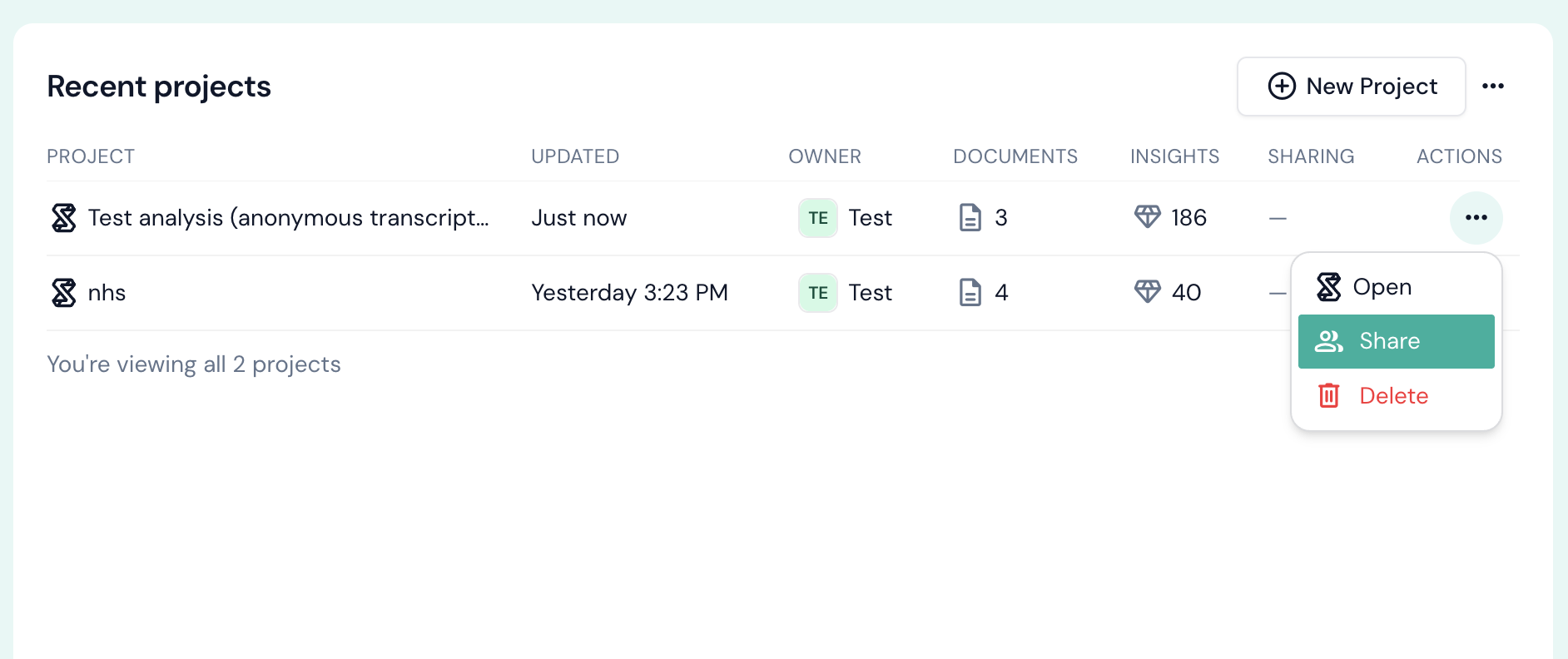 Sharing projects from Skimle home screen
