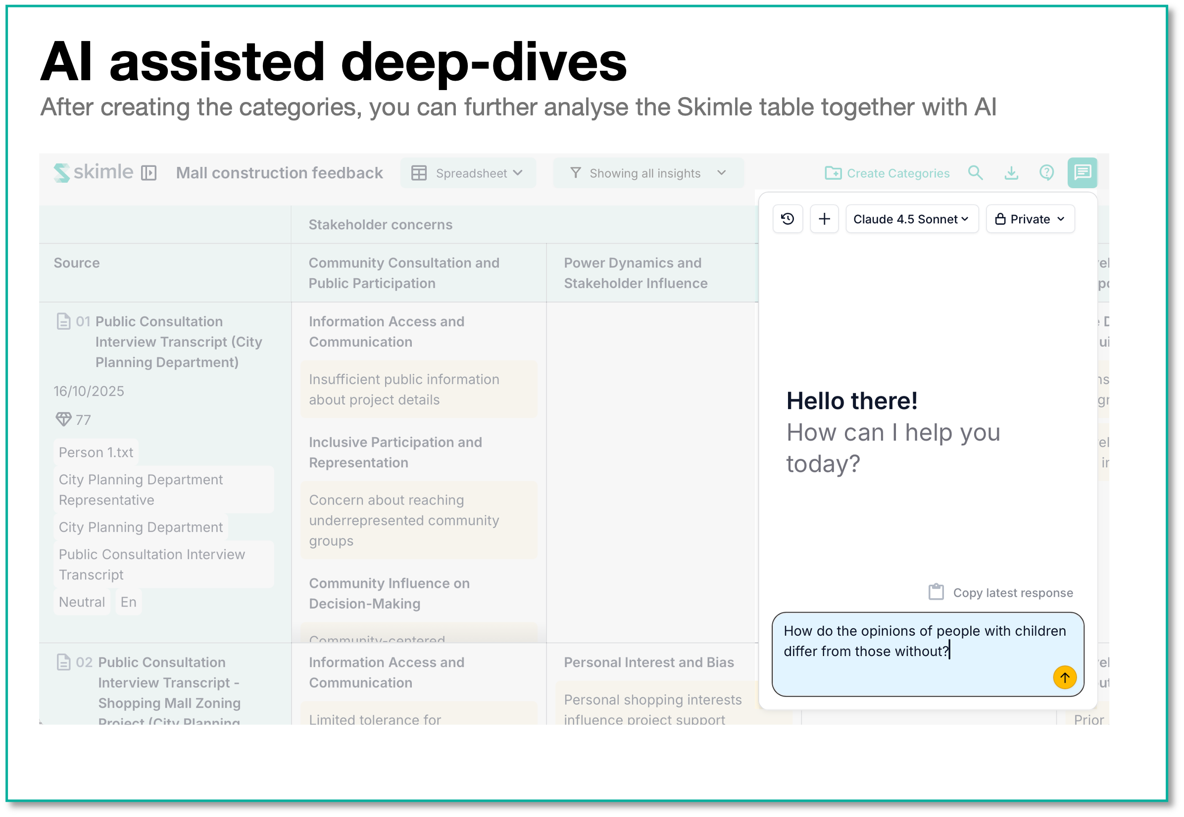 Skimle's AI-assisted deep dive function allows exploring the data structure with AI chat