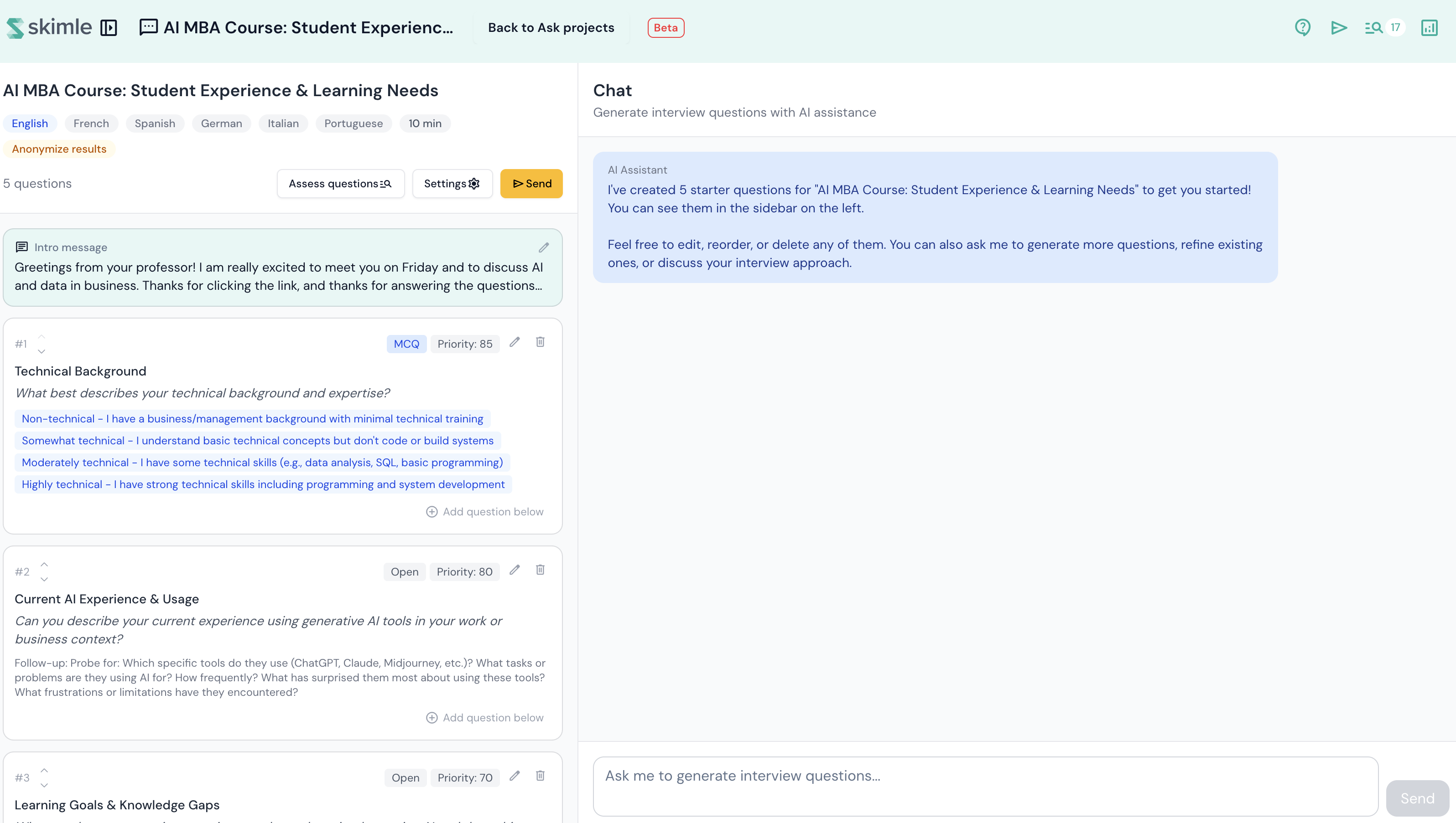 Skimle Ask interview design interface