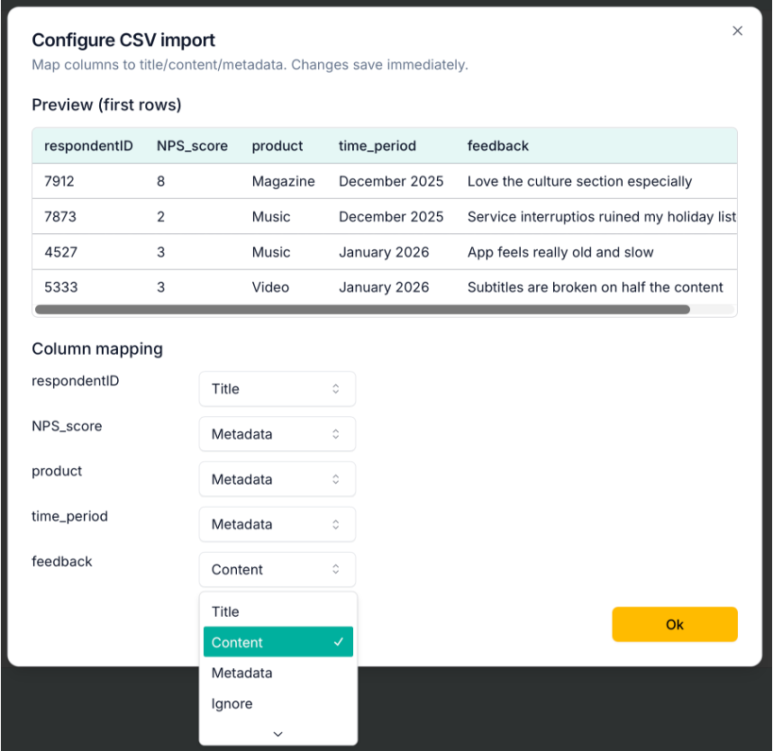 Skimle import .csv file with metadata options