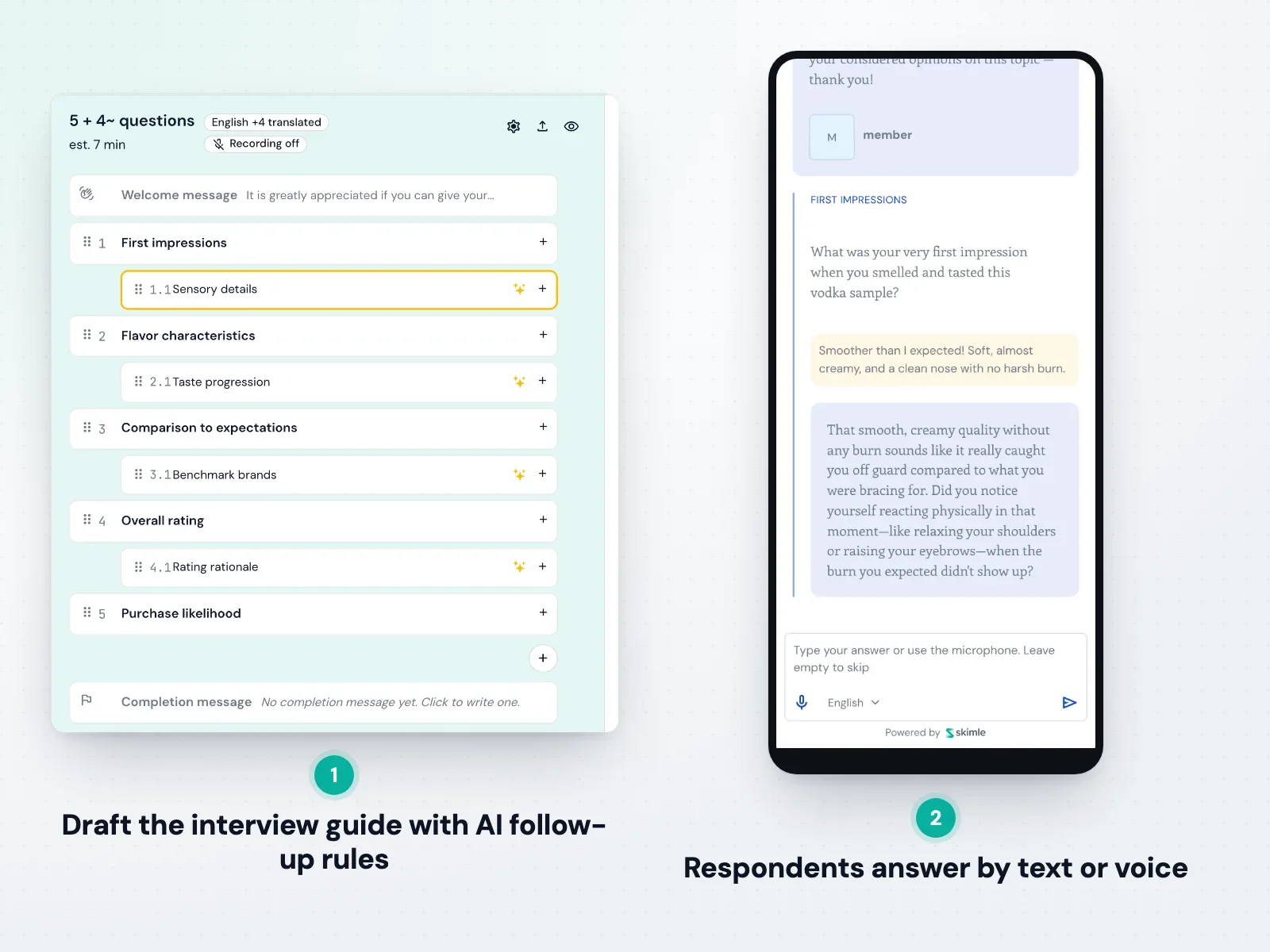 Skimle Ask interview guide with follow-up rules and the respondent's view of an AI-moderated interview