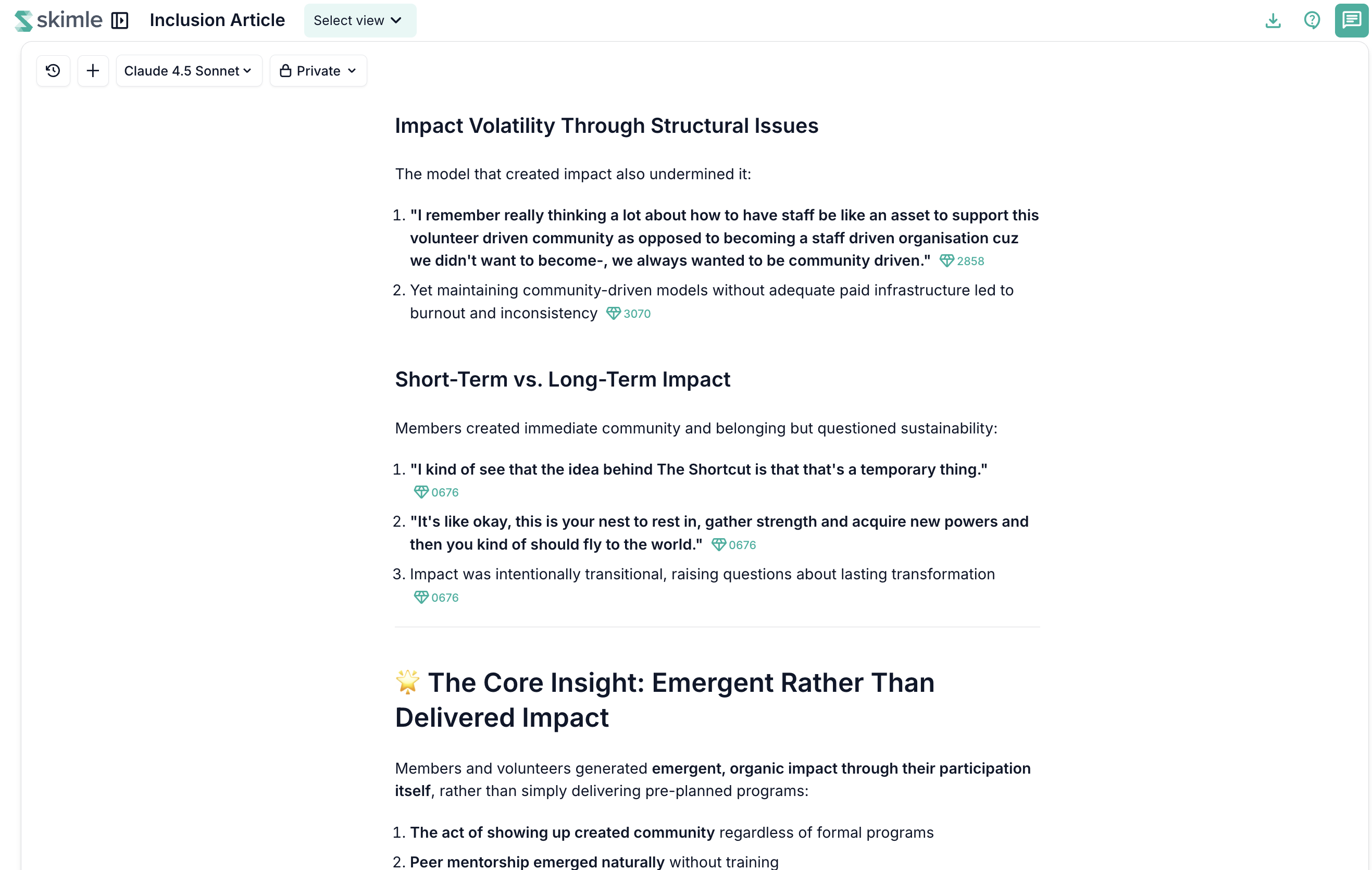 Skimle screenshot, chat interface