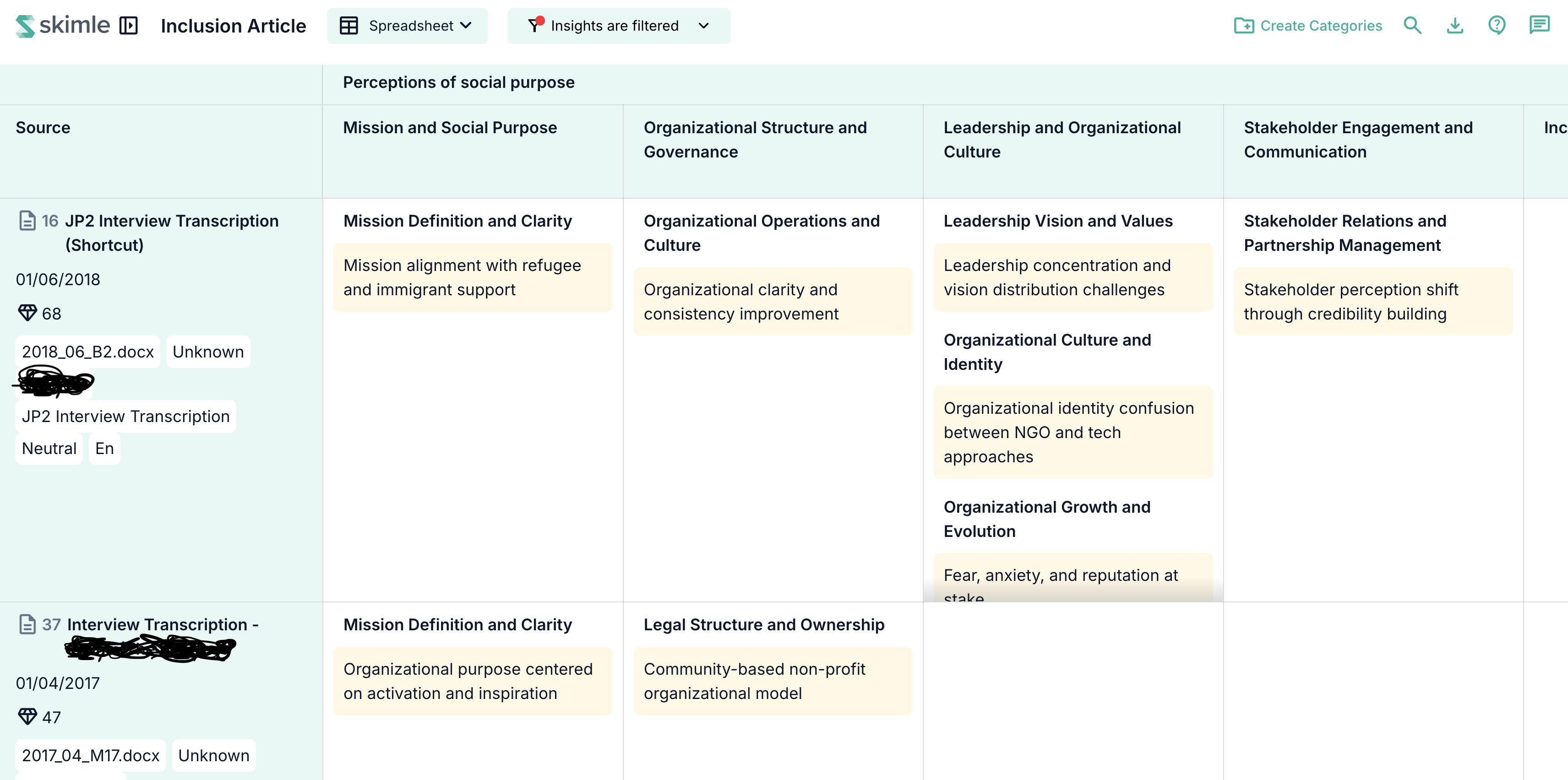 Skimle screenshot, spreadsheet view