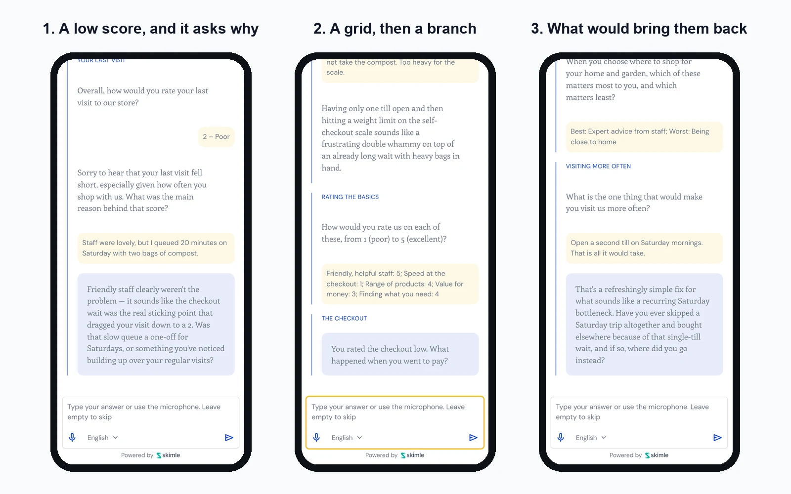 Three phone screens from a Skimle Ask customer interview showing a rating follow-up, a rating grid that branches to a checkout question, and an open question
